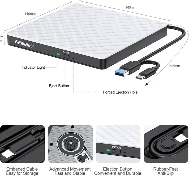 BENEWY محرك أقراص CD/DVD خارجي للكمبيوتر المحمول، USB 3.0 USB C، ناسخ أقراص CD/DVD، قارئ محرك أقراص DVD خارجي، مشغل DVD للكمبيوتر المحمول والكمبيوتر المكتبي Windows 11/10/8.1/7 MacBook Mac Linux OS Apple أبيض - Image 4